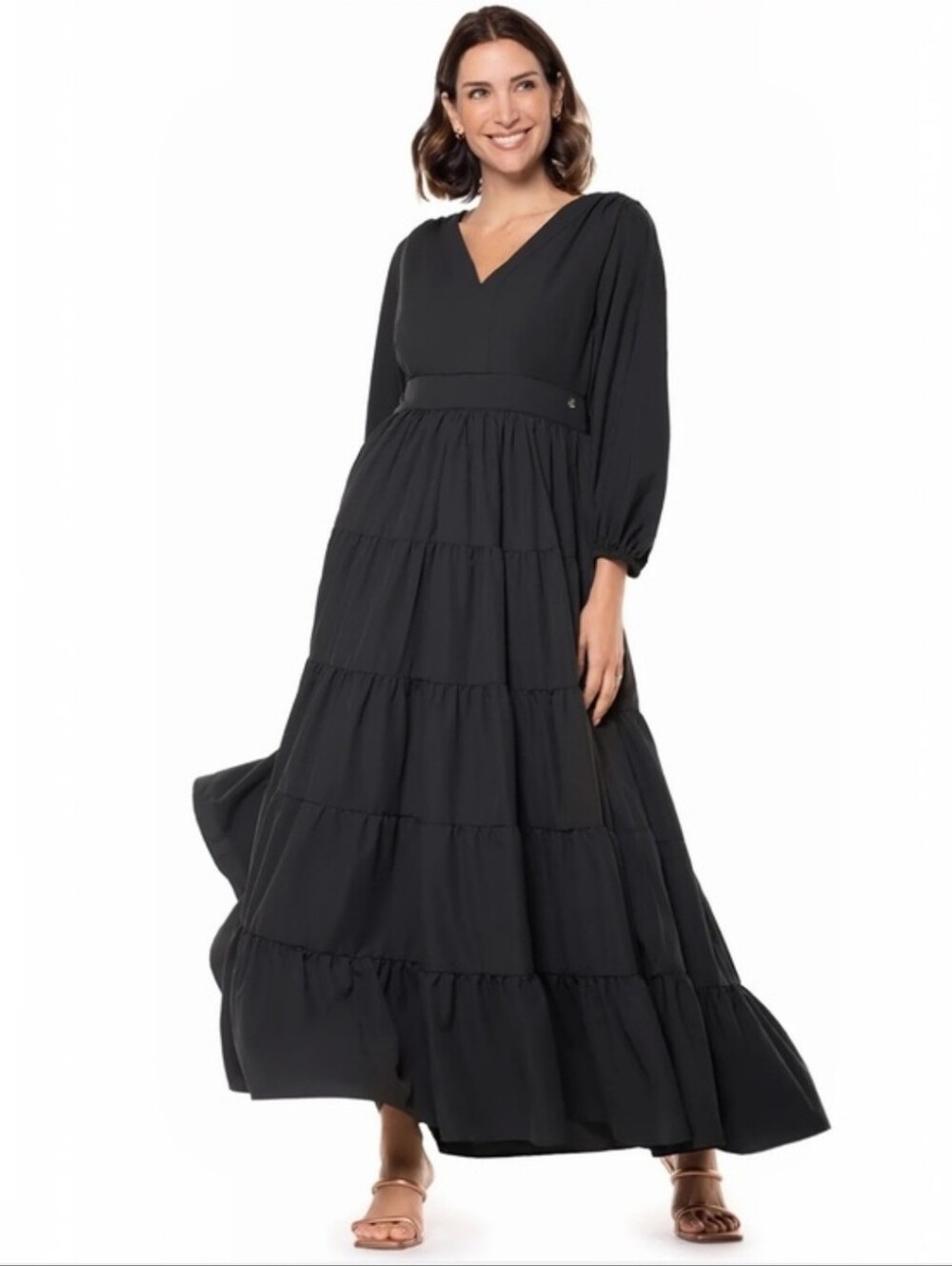 Black V‑Neck Tierered Dress, 50+ UPF Size M